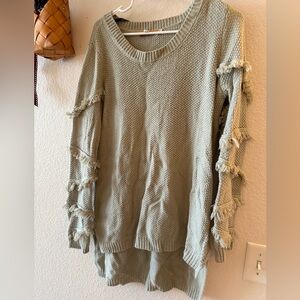 One A Sage Green Scoop-Neck Fringed Sleeve Sweater